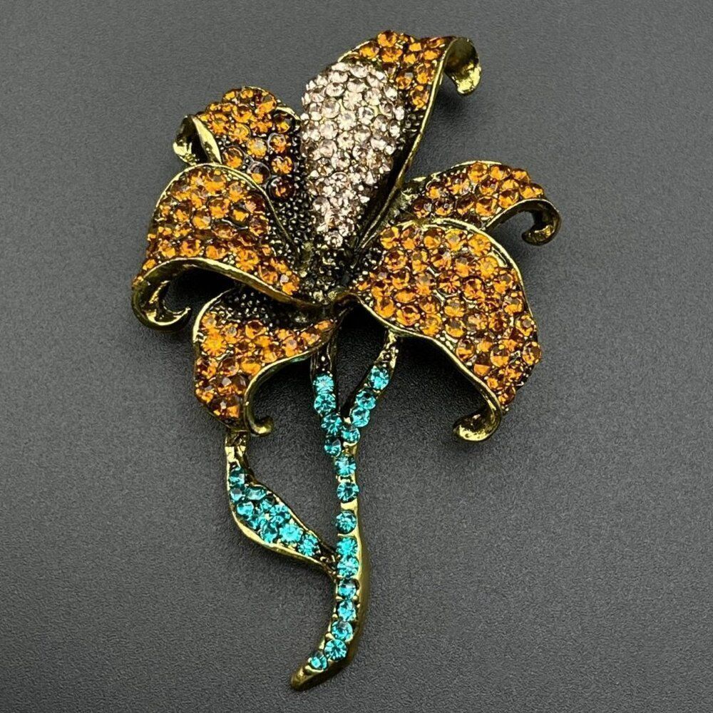 Yellow Gold with Burnt Orange and Champagne Crystal Lily Flower Pin Back Brooch